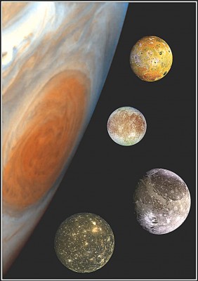 Collage di immagini: GIOVE e la grande macchia rossa in evidenza con le 4 maggiori Lune del sistema