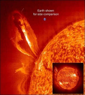 Una protuberanza solare e la minuscola Terra