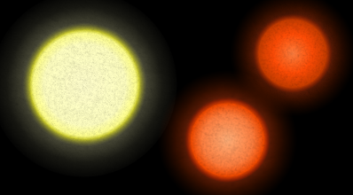 Ricostruzione di 61 Cygni A e B confrontate con il Sole