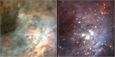 Nebulosa di Orione (M42) - nuove stelle dietro le porlveri visibili solo nella foto di destra all infrarosso