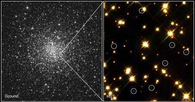 Ammasso globulare M4 nella costellazione dello Scorpione. Nei cerchietti sono evidenziate delle stelle nane - Foto di Hubble nel 1995
