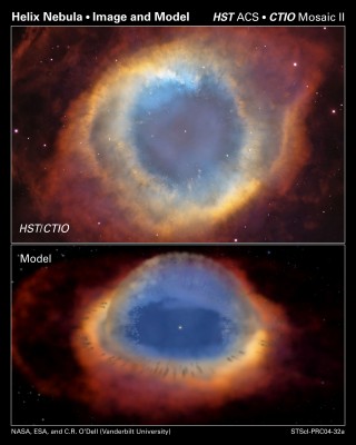 Nebulosa planetaria Elica (sopra) e ricostruzione della stessa vista di profilo (sotto)