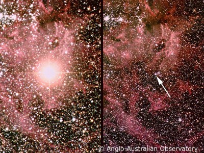La stella Sanduleak prima dellesplosione (indicata dalla freccia) e dopo la sua "morte" diventanto SN 1987 A