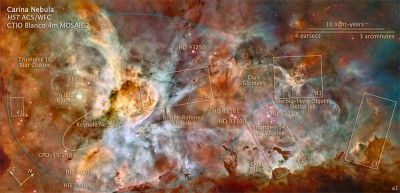 NGC 3372 e la nebulosa entro cui alloggia anche la nostra Eta Carinae - Su questa foto e stato segnato lo schema di tutta la regione