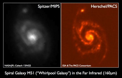 Confronto di immagini fra Spitzer ed Herschel - credits: nasa-jpl-caltech-sings-esa-pacs-consortium