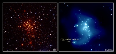 Ammasso stellare Westernlund 1 ripreso nell'ottico e nella banda X - Indicata con la frecci la stelal di neutroni CXO J164710.2-455216 - Crediti Credit: NASA-CXC-UCLA-M.Muno et al.