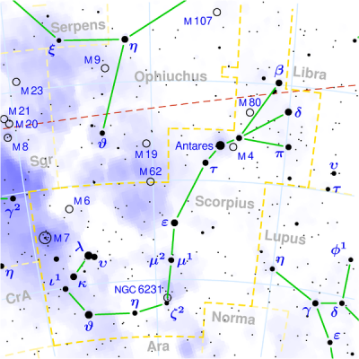 Costellazione dello Scorpione - Tau Scorpii e' sotto la stella Antares (alfa scorpii) - Copyright © 2003 Torsten Bronger