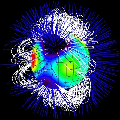 Tau Scorpii creazioni delle linee di forza in base alla polarizzazione della luce rilevata dalla tecnica Zeeman-Doppler imaging - crediti Pascalou Petit