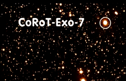 Lesopianeta CoRoT 7-b, nel tondino la stella madre attorno a cui orbita il pianeta
