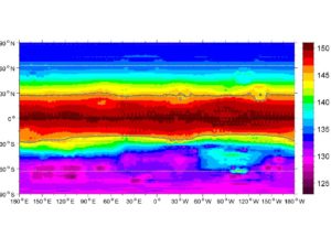 Mappa globale della temperatura media della superficie di Vesta, la zona più calda è quella equatoriale per questo non potrebbe sostenere il ghiaccio d'acqua sotto la superficie. Ma circa la metà di Vesta è così freddo e riceve la luce del Sole così poco (in media), che il ghiaccio d'acqua potrebbe sopravvivere per miliardi di anni. Credits: NASA / GSFC / UMBC