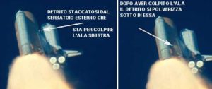 STS 107 - Dalle riprese video fatte a terra, si può vedere l'impatto della schiuma isolante con l'ala sinistra - Credits: NASA