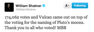 Il tweet con il quale Shatner comunica il numero di gradimento del nome Vulcano.