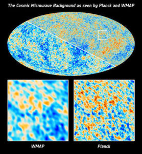 Confronto fra le mappe di CMB prese da Planck e dal suo predecessore della NASA, WMAP - Credits: ESA and the Planck Collaboration NASA - WMAP Science Team