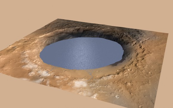 Ricostruzione del cratere Gale quando era un lago. - Credits: NASA/JPL-Caltech/ESA/DLR/ FU Berlin/MSSS