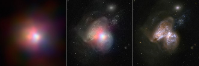 Arp299 nell'ttico (a destra) e visto da NuSTAR (a sinistra) - Credits: NASA/JPL – Caltech/GSFC