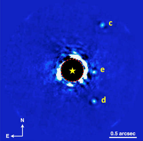 La stella HR 8799 e tre dei suoi quattro pianeti -  Credits Christian Marois (NRC Canada), Patrick Ingraham (Stanford University) and the GPI Team.