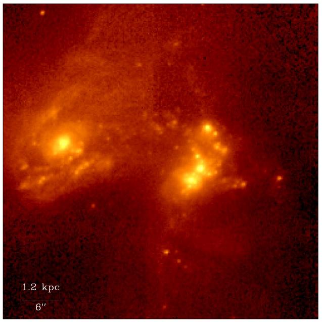 Arp 299 ripreso dalla camera NIMCOS montata su Hubble. Immagine nel vicino infrarosso - Credits: NASA