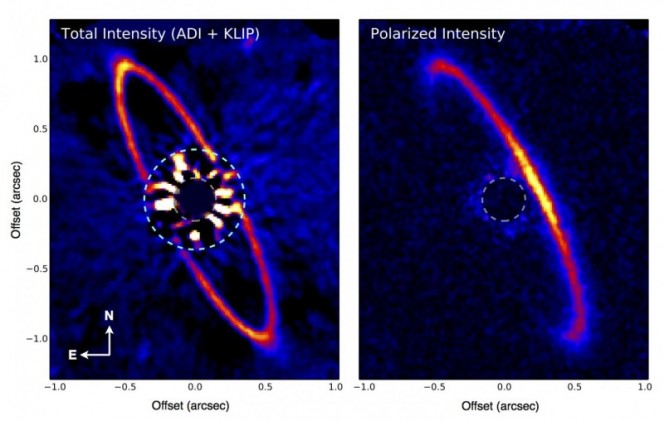 La stella HR 4796A (Occhio di Sauron) e l'anello di povere che le orbita attorno. - Credits: Marshall Perrin (Space Telescope Science Institute), Gaspard Duchene (UC Berkeley), Max Millar-Blanchaer (University of Toronto), GPI Team