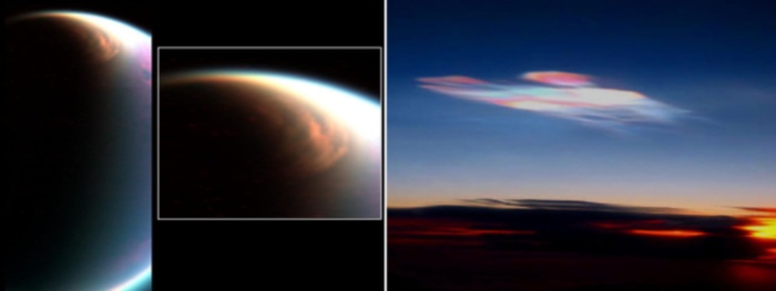 Comparazione di colori al tramonto delle nuvole sulla Terra a destra e sulla luna Titano a sinistra - Titan (L): NASA/JPL/U. of Ariz./LPGNantes Earth (R): NASA/GSFC/M. Schoeberl