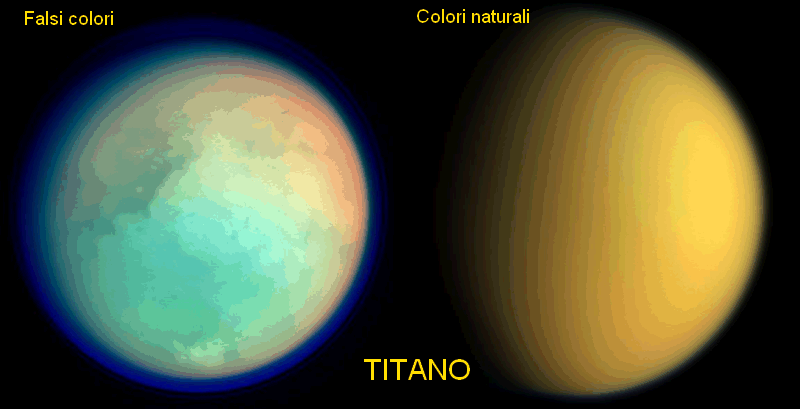 La luna Titano nei due colori. Nell'immagine a colori falsati, spicca evidente la densa atmosfera del satellite. - Credits: NASA/JPL