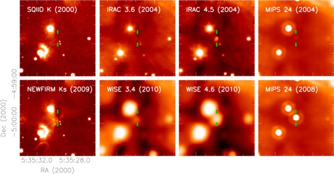 HOPS 383 ripreso nel vicino e medio infrarosso prima e dopo l'aumento di luminosità - Cresits: NEWFIRM, WISE, and Spitzer