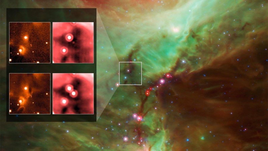 L'immagine evidenza nettamente il bagliore di HOPS383 nel riquadro in basso a destra. - Credits NASA-JPL Caltech-Univ. of Toledo- sfondo, E Safron et al