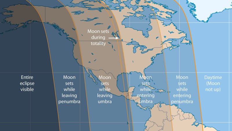 Mappa che mostra l'eclissi nel nord America. - Credits: Sky & Telescope illustration